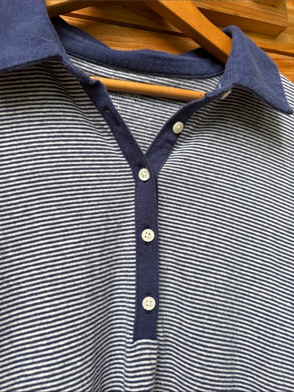 J.Crew Relaxed Stretch Linen Blend Striped Polo Shirt Navy White L - Picture 6 of 8